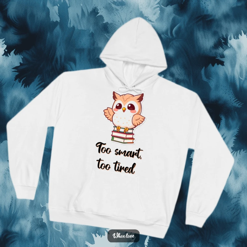 Funny kawaii owl dynamically balancing an impossibly tall stack of books, looking focused yet comical on a warm, soft hoodie.