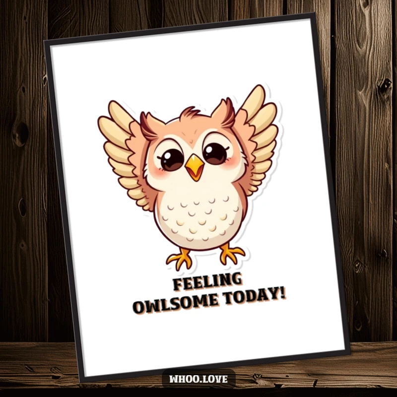 Funny Free Printable Wall Art: An Excited Owl Flapping Its Wings with a Wide, Infectious Grin, Spreading Joy