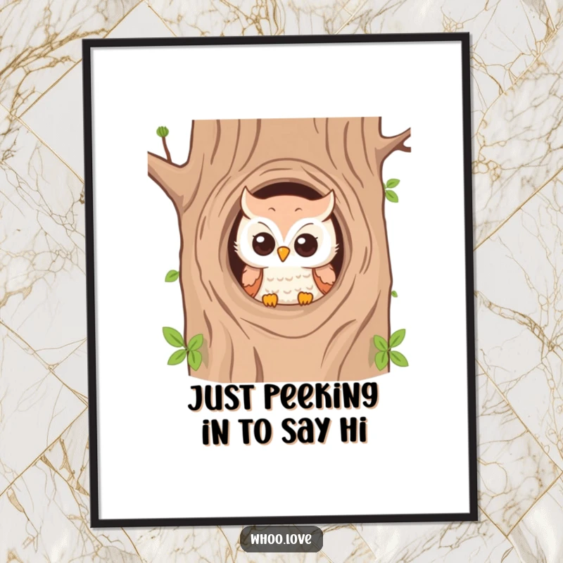 Funny free printable wall art: A whimsical owl playfully peeks out from a textured tree hole, adding character.