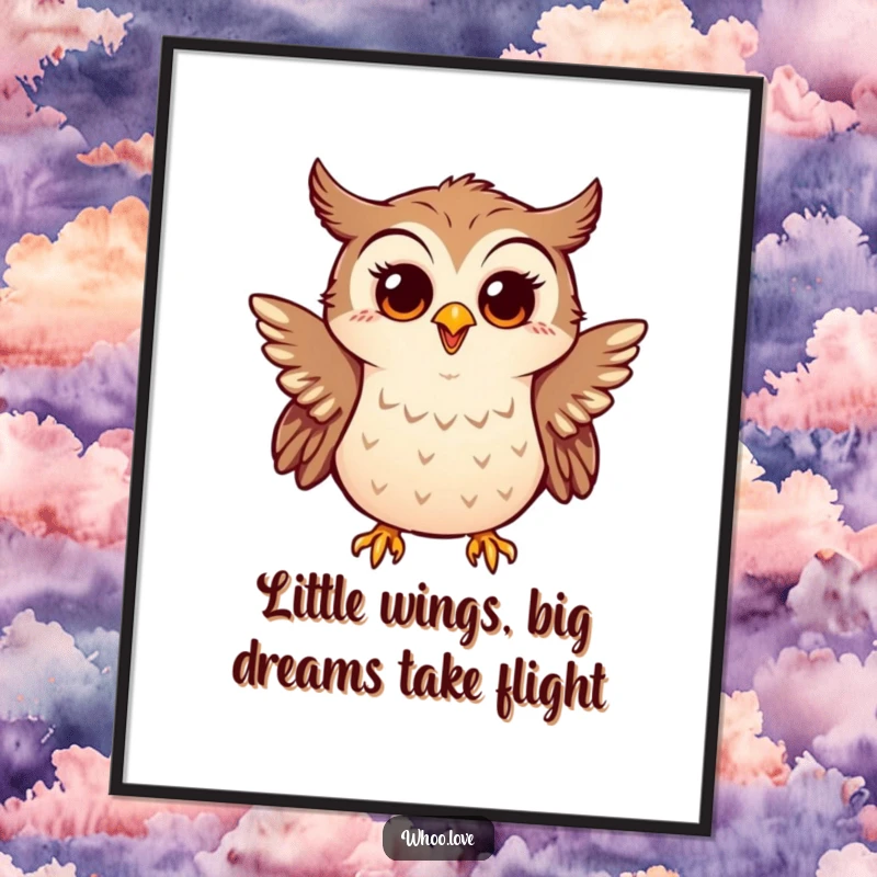 Funny Free Printable Wall Art: A little owl enthusiastically flapping its tiny wings, looking surprised and beaming with happiness.