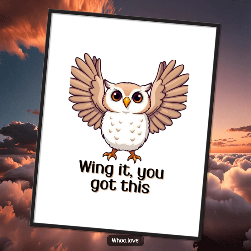 Funny Free Printable Wall Art showcasing an owl with large, expressive wings outstretched, creating a sense of movement and grandeur.