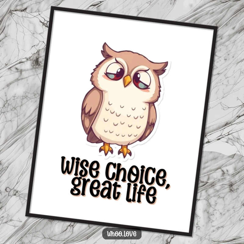Funny Free Printable Owl Wall Art: Curious owl character looking down with thoughtful wonder and wisdom.