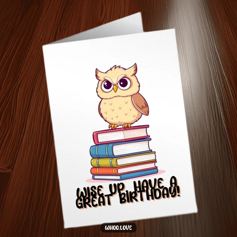Funny Free Printable Birthday Card: Fluffy owl balancing precariously on a stack of books with a determined grin.