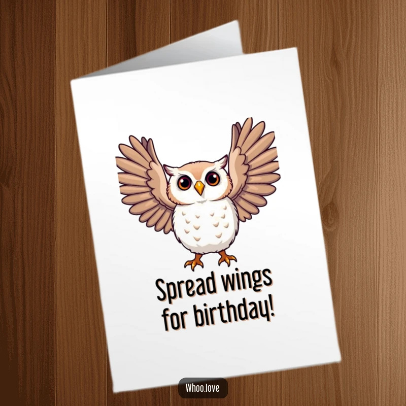 Funny Free Printable Birthday Card shows an owl character with large, expressive wings outstretched, conveying excitement and joy.