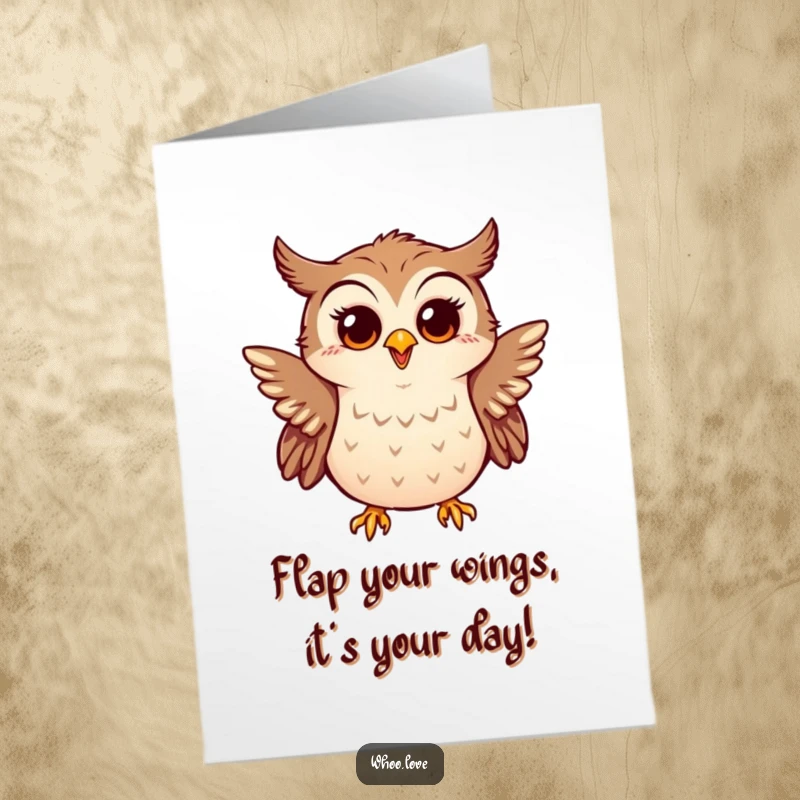 Funny Free Printable Birthday Card: Little owl enthusiastically flapping tiny wings, looking surprised and extremely happy.
