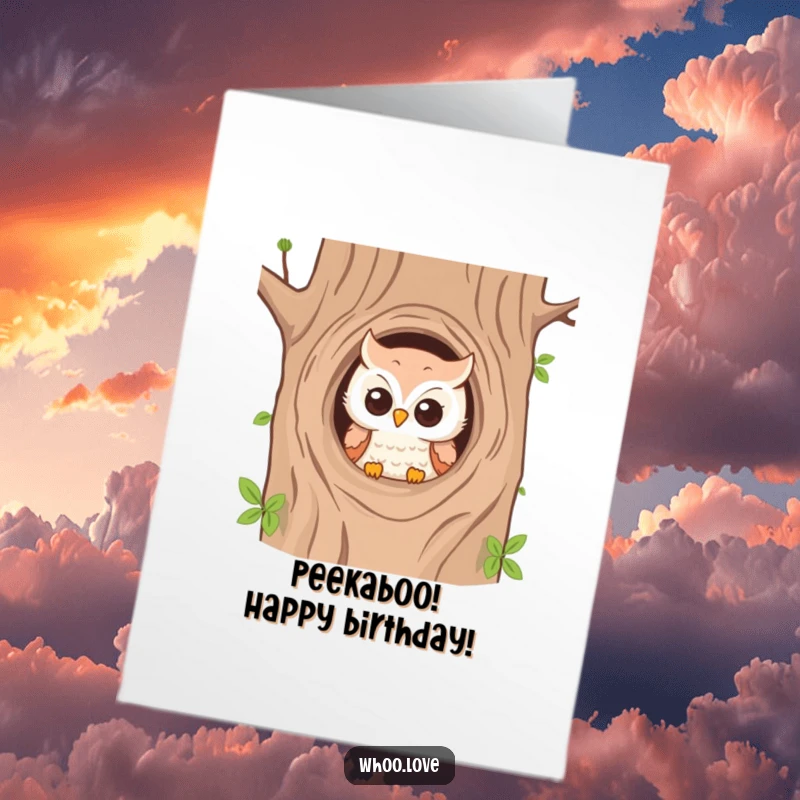 Funny free printable birthday card: A curious owl playfully peeks its head out from a cozy tree hole.