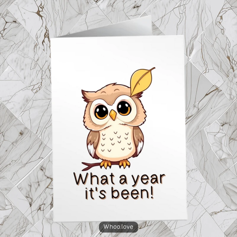 Funny Free Printable Birthday Card with a curious owl tilting its head at a falling leaf, a thoughtful downloadable gift.