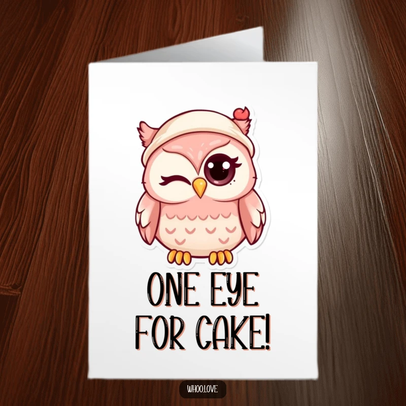 Funny Free Printable Birthday Card showing a cute kawaii owl winking slyly with one big eye adorned by a tiny, jaunty hat.