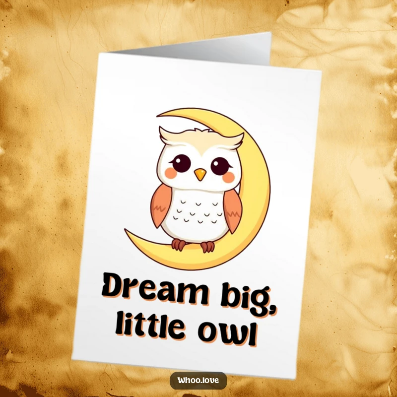 Funny Free Printable Birthday Card featuring a smiling owl on a crescent moon, a sweet downloadable gift for a magical birthday.