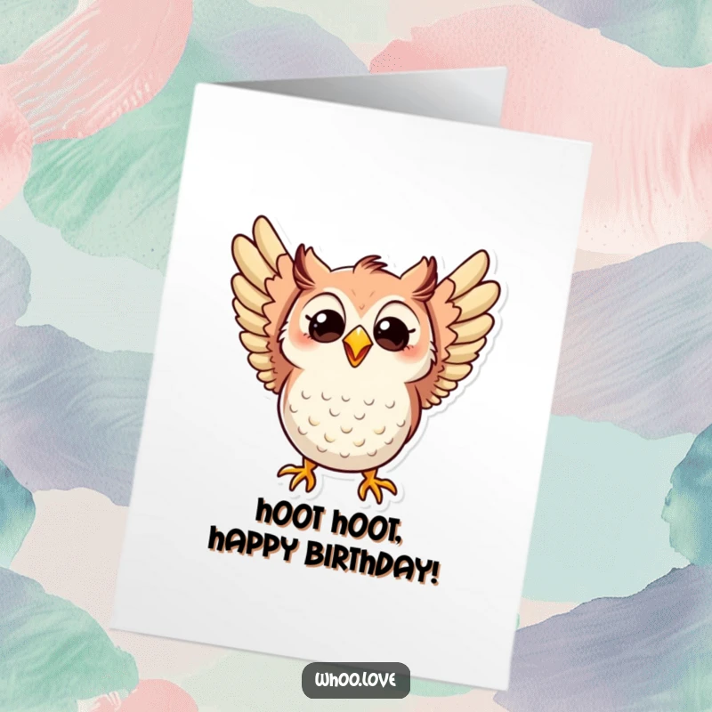 Funny Free Printable Birthday Card: Owl Flapping Wings Excitedly with a Wide, Joyful Grin, Celebrating Merrily