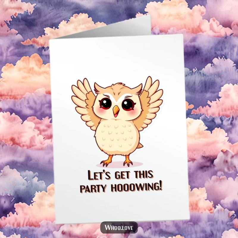 Free Printable Birthday Card: Kawaii owl performing a hilarious silly dance with wings spread wide. Fun DIY gift.