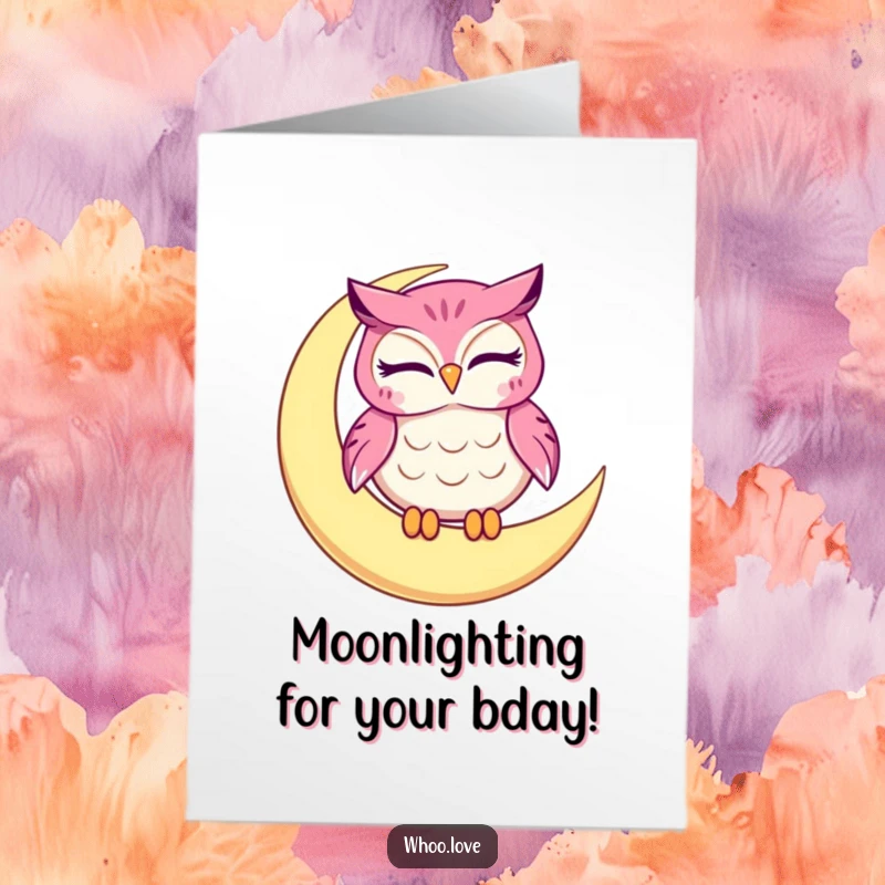 Funny Free Printable Birthday Card featuring a winking owl character perched playfully on a crescent moon, ready to celebrate.