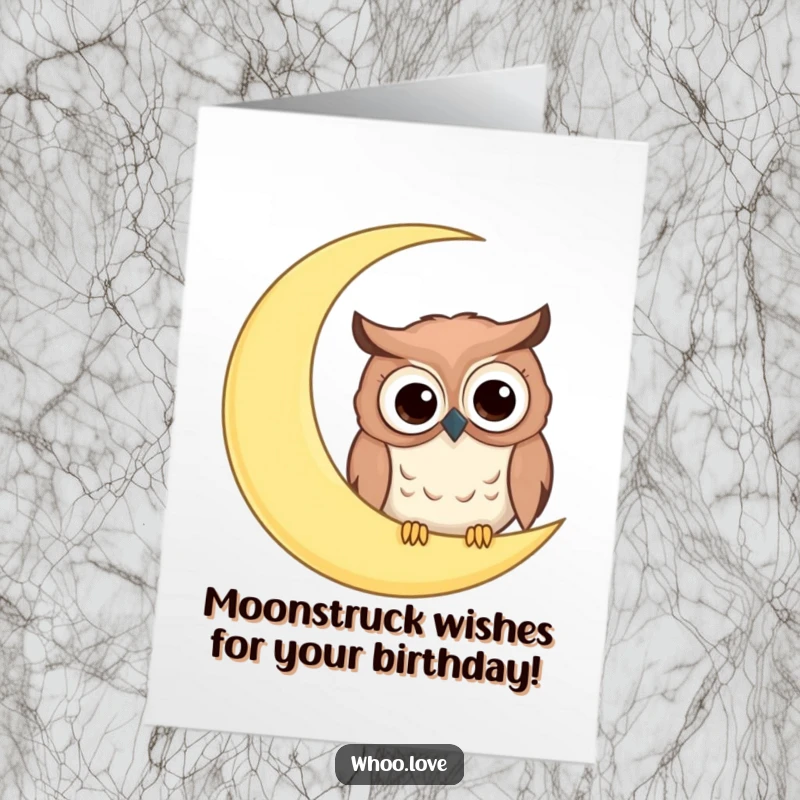 Funny Free Printable Birthday Card: Comical owl with big googly eyes peeking from behind a giant crescent moon.