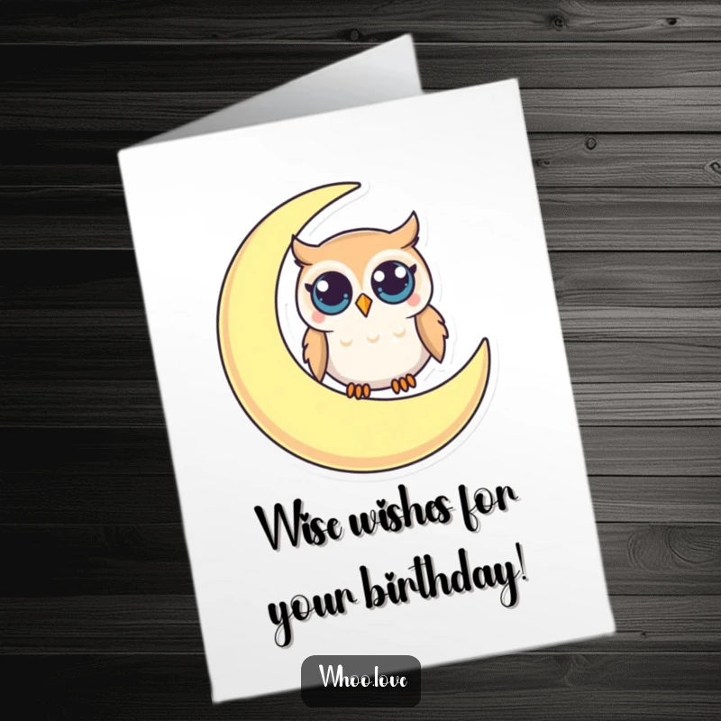 Funny Free Printable Birthday Card: Small Owl with Big Curious Eyes Perched on a Crescent Moon, Gazing Out