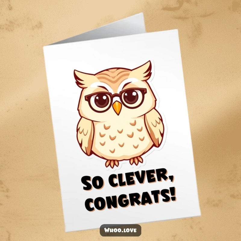 Funny Free Printable Congratulations Card featuring a curious owl in tiny spectacles, perfect for celebrating smart achievements.