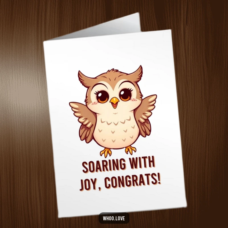 Funny Free Printable Congratulations Card: Little owl happily flapping its wings with surprise and joy.