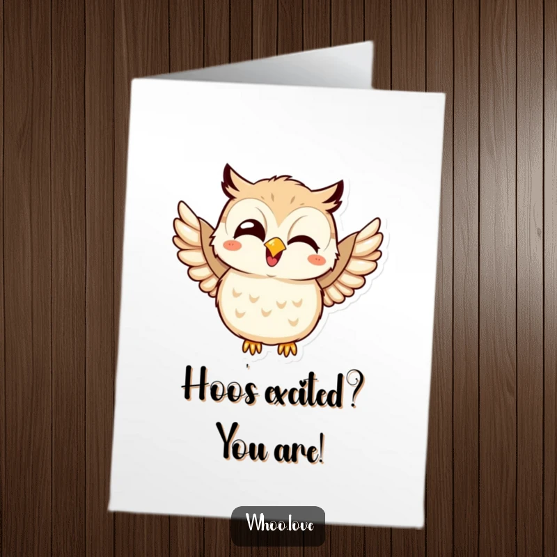 Free Printable Congratulations Card: Kawaii owl with a wide giggle, joyfully flapping its wings. Cute celebratory gift.