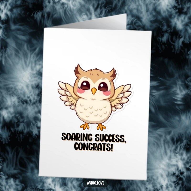 Free Printable Congratulations Card featuring a joyful owl flapping its wings, an exuberant downloadable gift for triumphant moments.