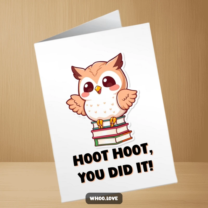 Funny Free Printable Congratulations Card showcasing a determined kawaii owl precariously balancing a towering stack of books.