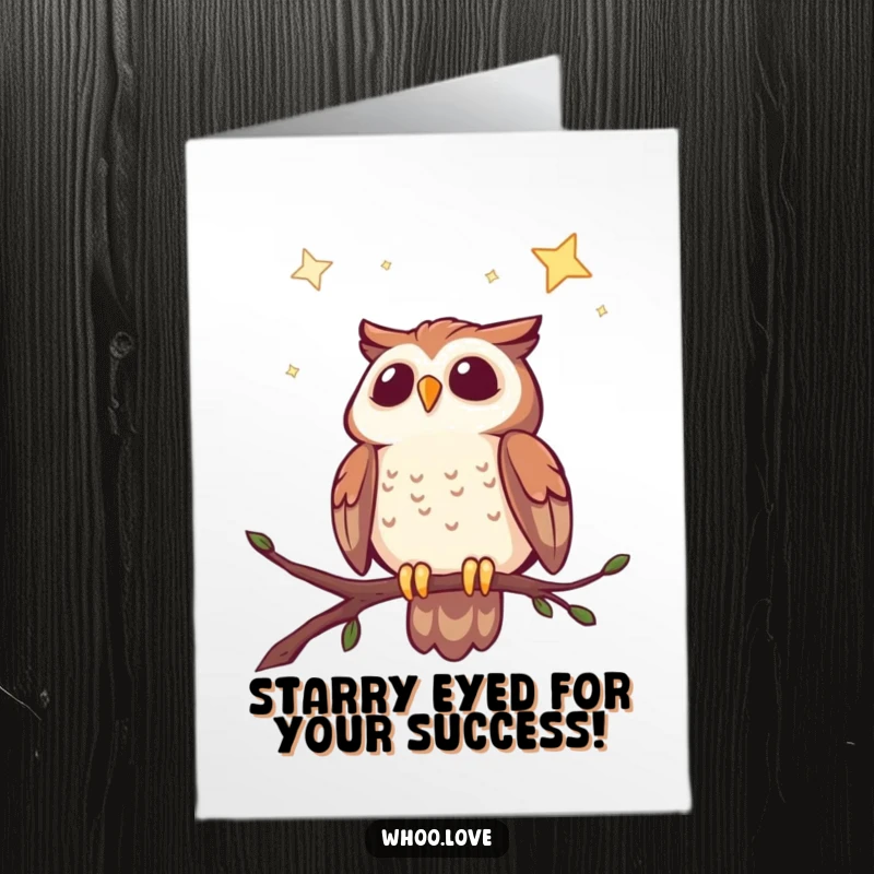 Funny Free Printable Congrats Card: Cheerful owl on a branch, looking up with delight at a vast, sparkling starry sky.