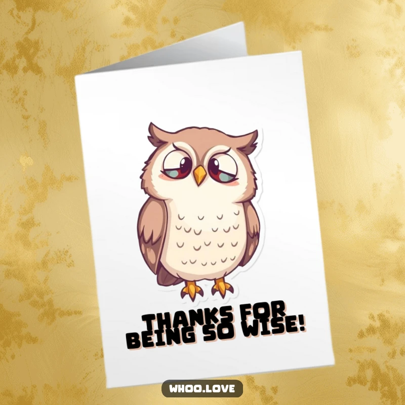 Funny Free Printable Owl Thank You Card: Curious owl character looking down thoughtfully to express gratitude.
