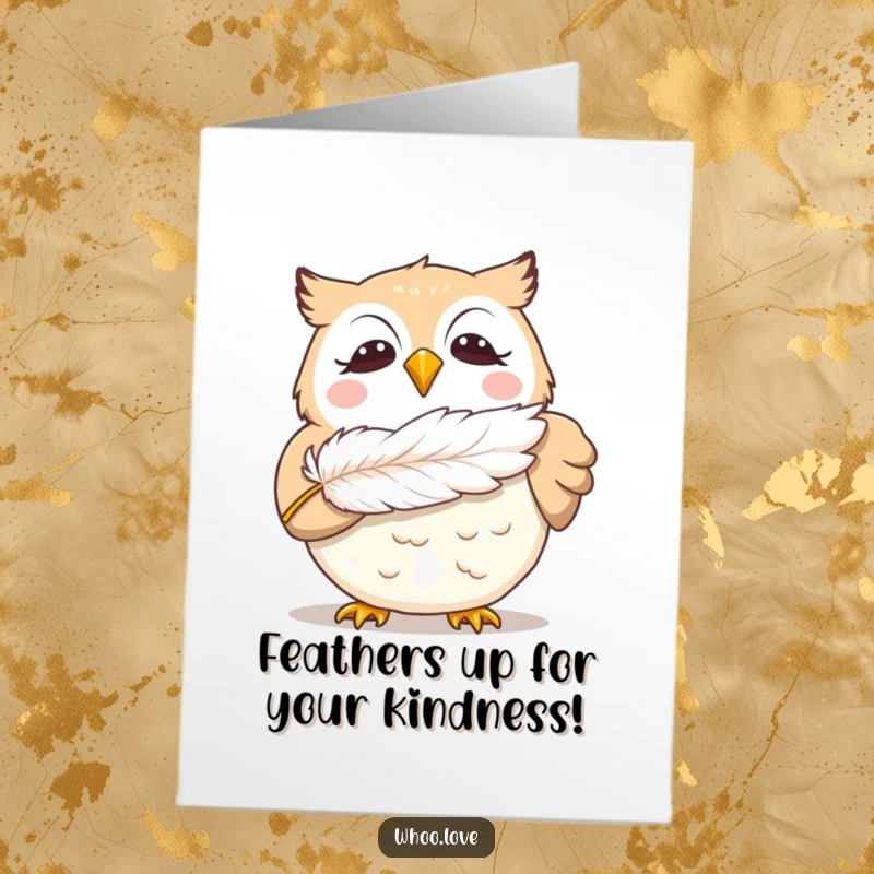 Funny Free Printable Thank You Card: Giggling owl delightedly blowing a feather, a downloadable expression of heartfelt thanks.