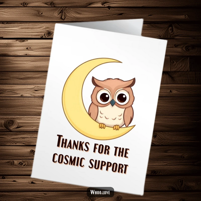 Funny Free Printable Thank You Card: Comical owl with big googly eyes peeking from behind a giant moon.