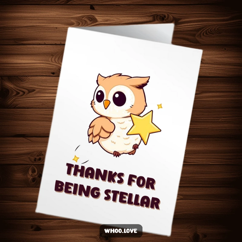 Funny Free Printable Thank You Card: Playful owl comically chasing a sparkling star, expressing thanks with wonder.
