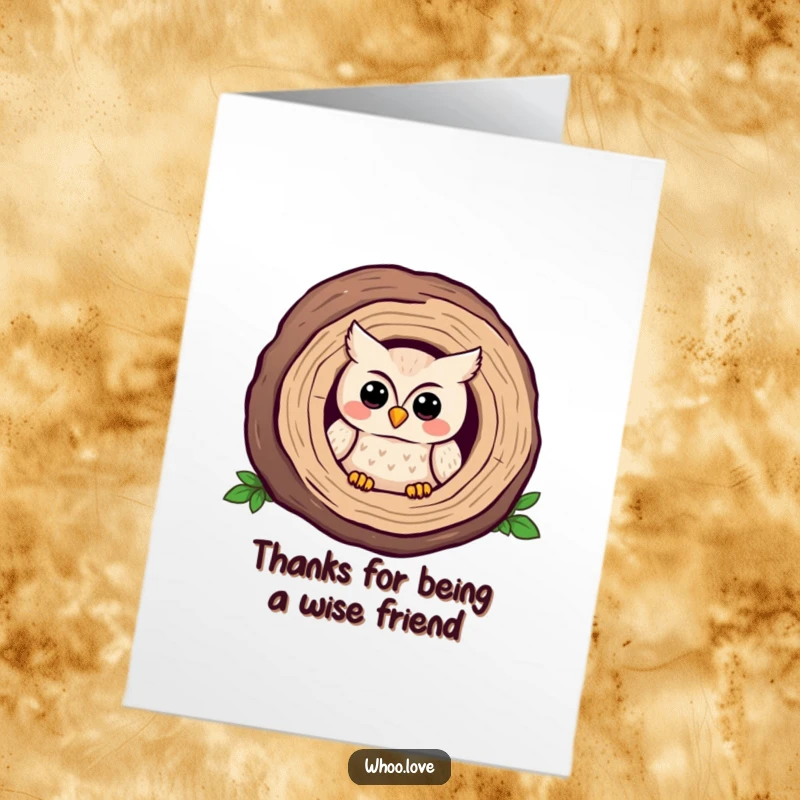 Funny Free Printable Thank You Card: A shy kawaii owl peeks from a log, sharing a bashful, grateful smile.