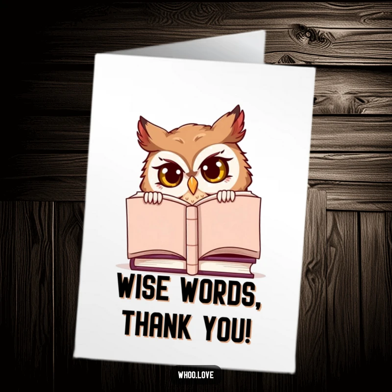 Funny Free Printable Thank You Card: Mischievous owl peeking from behind a book, sharing thanks slyly.