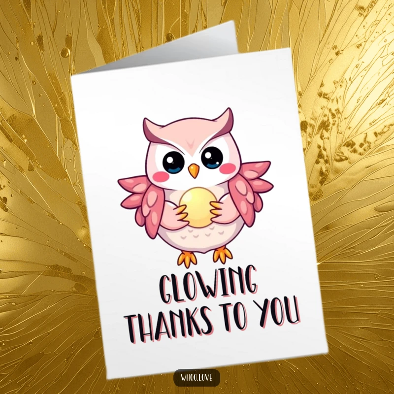 Funny Free Printable Thank You Card featuring a magical owl holding a small, glowing orb, conveying thanks with luminescence.