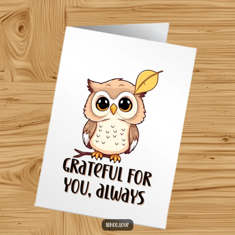 Funny Free Printable Thank You Card with a curious owl observing a leaf, a reflective downloadable gift for sincere thanks.