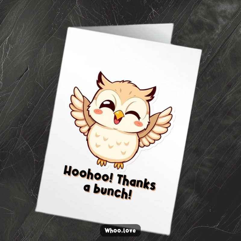 Funny Free Printable Thank You Card: Kawaii owl giggling with delight, flapping wings. Sweet DIY gratitude card.