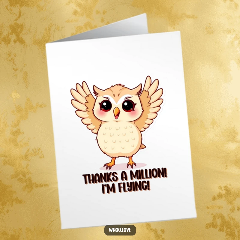 Funny Free Printable Thank You Card: Kawaii owl performing a silly dance with wings spread wide. Humorous DIY gift.