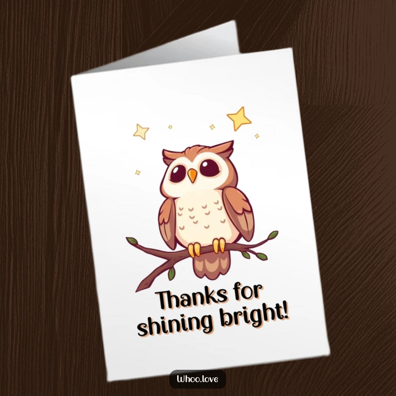 Funny Free Printable Thank You Card: Cheerful owl nestled on a branch, admiring the starry sky with a sweet, thankful expression.