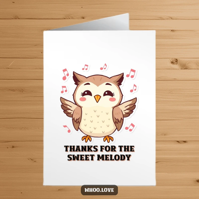 Funny free printable thank you card: a cheerfully hooting owl surrounded by music notes, expressing thanks musically.