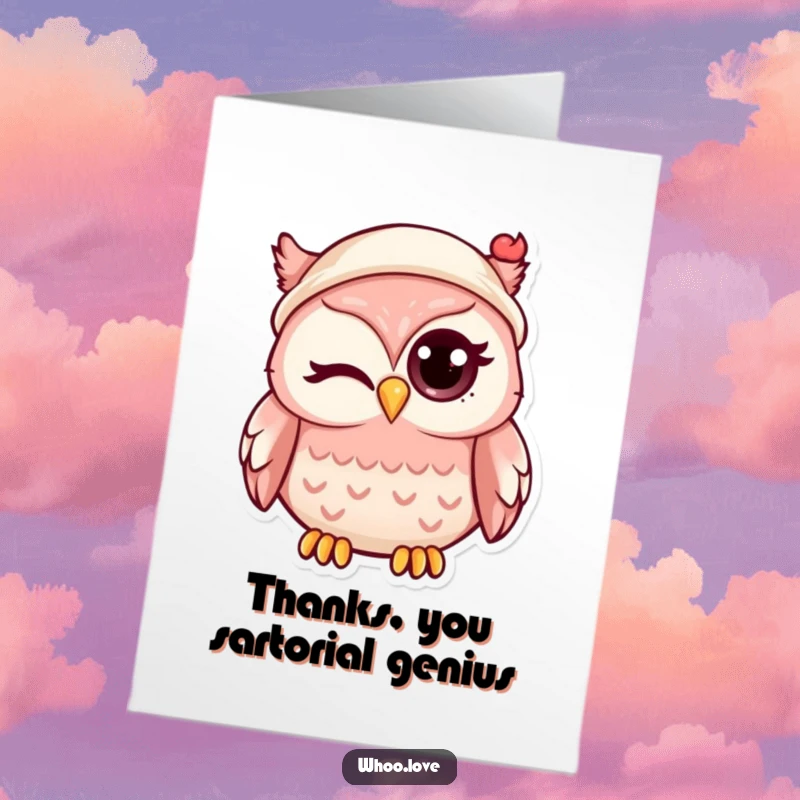 Funny Free Printable Thank You Card of a kawaii owl winking playfully, sporting a comically small hat.