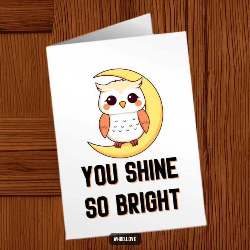 Funny Free Printable Thank You Card with a smiling owl on a moon, a calming downloadable gift to express gratitude.