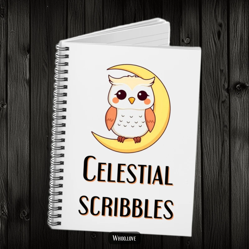 Funny notebook cover featuring a smiling owl character perched on a crescent moon, ideal for journaling, a funny gift.