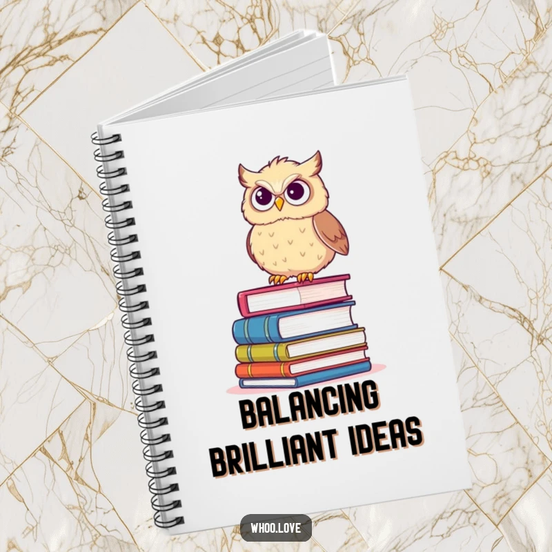 Funny notebook with a fluffy owl precariously balancing on books with a determined grin, for jotting smart ideas.