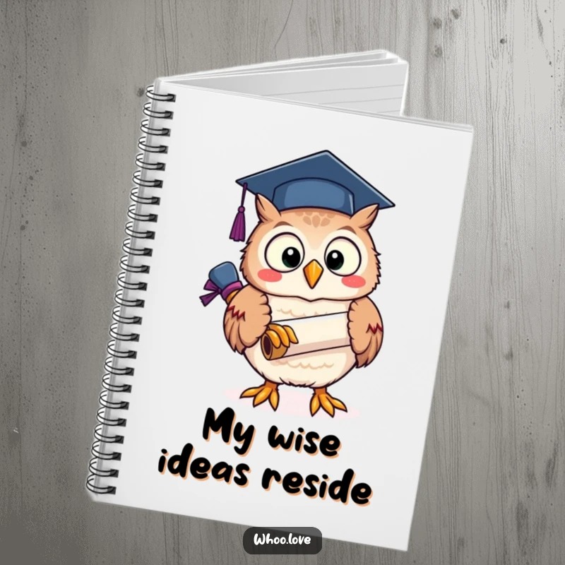Funny owl with a graduation scroll on the cover of a notebook, perfect for students and writers.