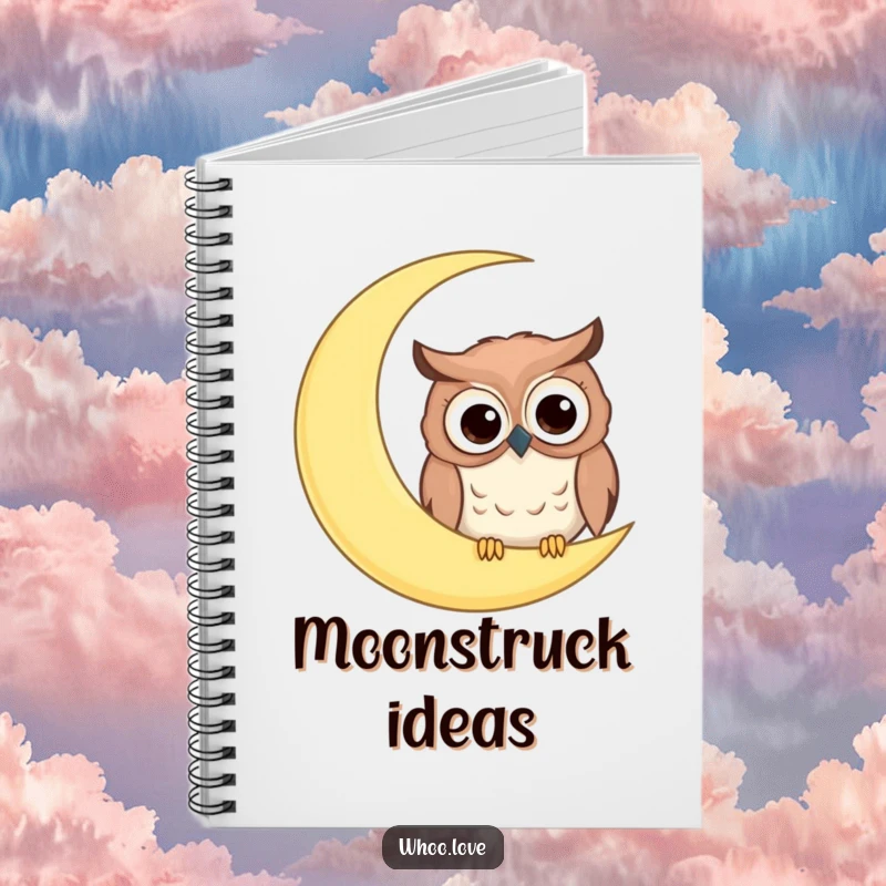 Funny notebook with a comical owl, big googly eyes, peeking from behind a giant crescent moon, for jotting ideas.