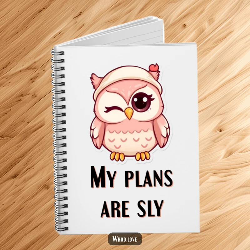 Funny kawaii owl winking with its large eye, wearing a small hat, on the cover of a lined notebook.