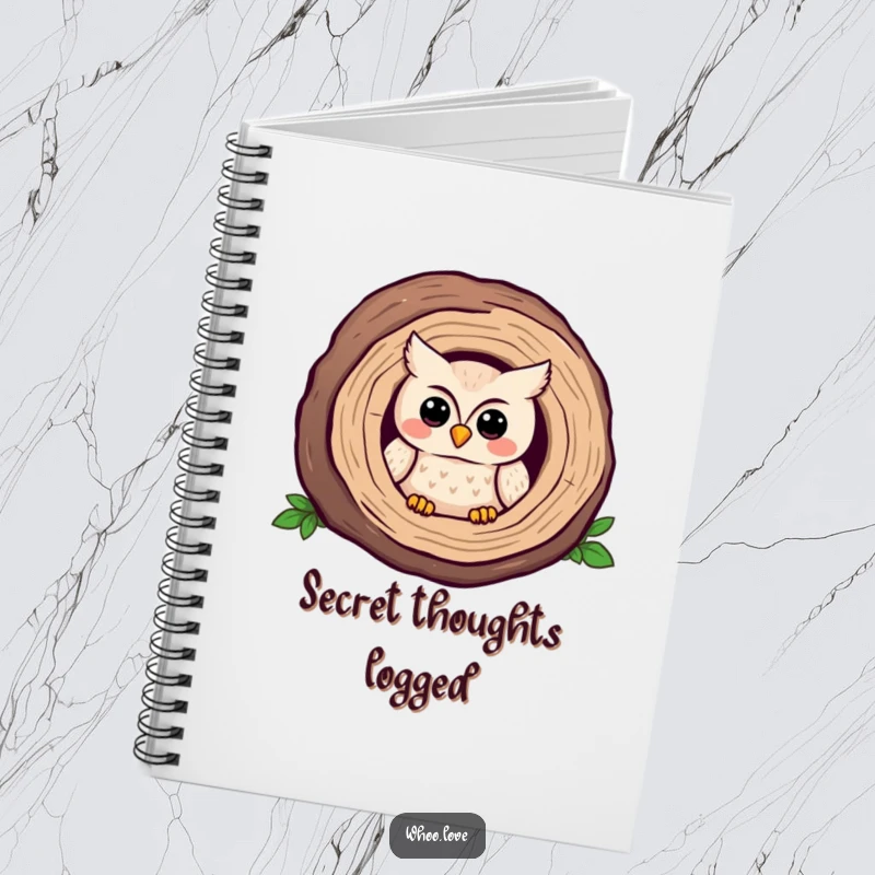 Funny Kawaii owl notebook, peeking from a log with a shy smile, perfect for journaling. Excellent funny gift.