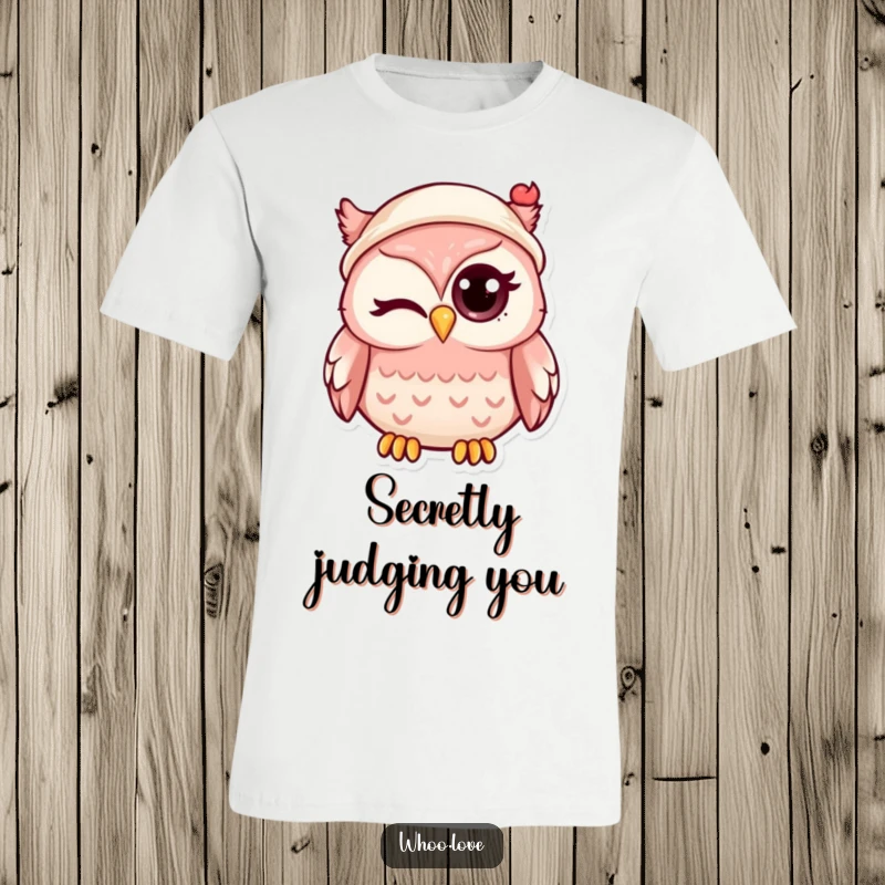 Funny kawaii owl winking with one eye, sporting a small hat, printed on a soft and comfortable t-shirt.