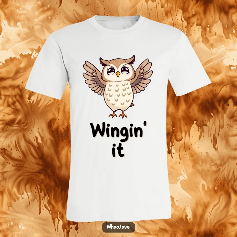 Funny striped owl t-shirt, mid-dance with wings spread wide, showcasing a humorous and energetic personality.