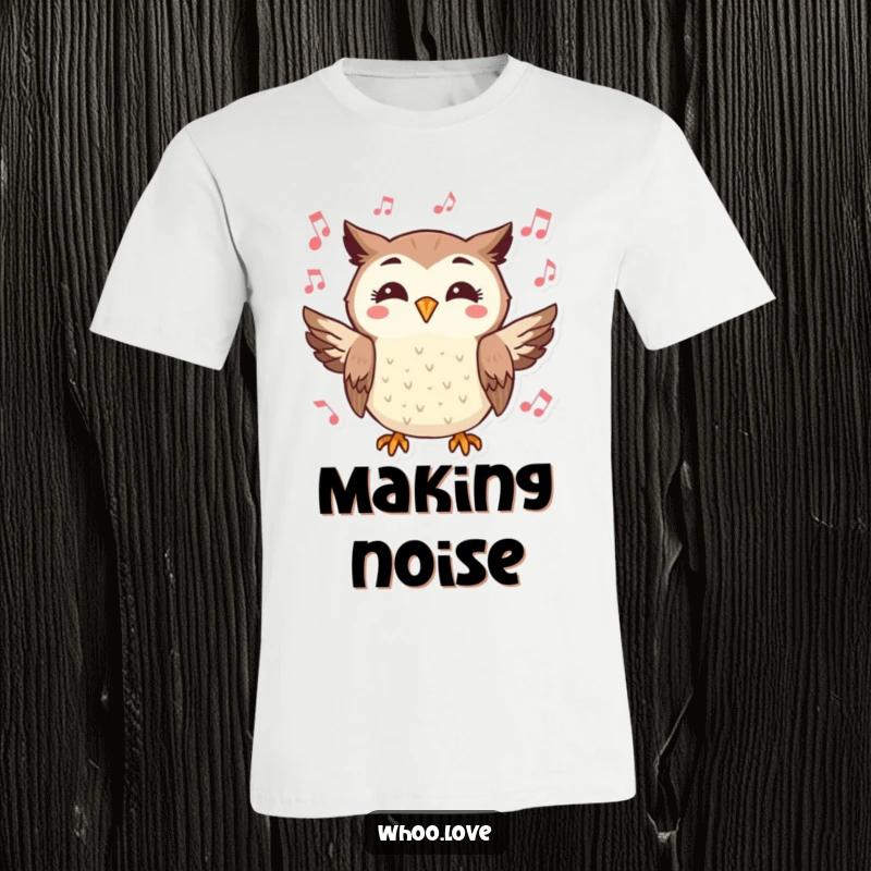 Funny t-shirt depicting a happy owl character hooting merrily, with musical notes swirling around it.