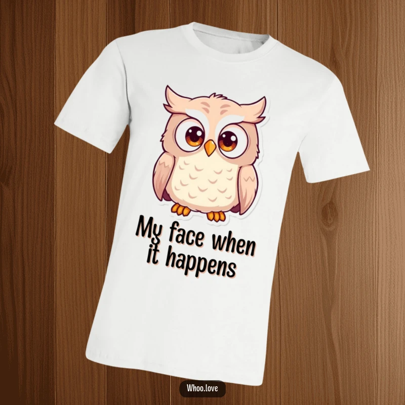 Funny wide-eyed owl t-shirt, depicting an owl with exaggeratedly large eyes in a state of shock. Great for humor enthusiasts.