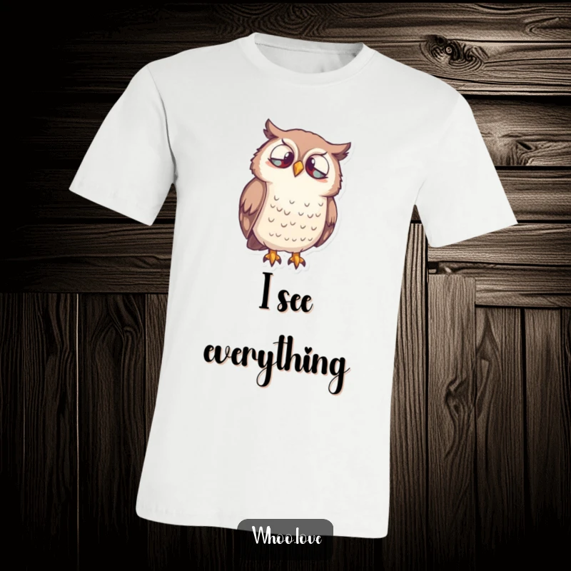 Funny Owl Curiosity T-Shirt showcasing a wise owl character peering down with curiosity, ideal for casual wear.
