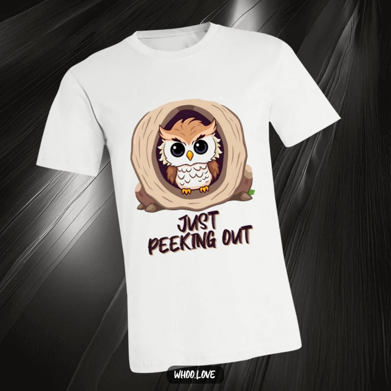 Funny t-shirt depicting a curious owl with ruffled feathers peeking out from inside a hollow log.